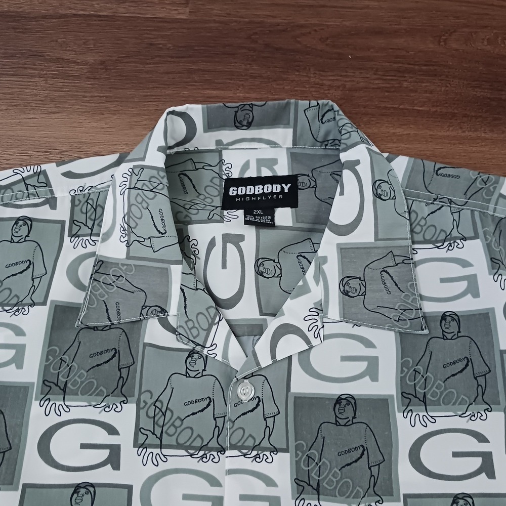 Godbody Highflyer Mens 2XL Graphic Print Button Up Shirt Grey White Streetwear